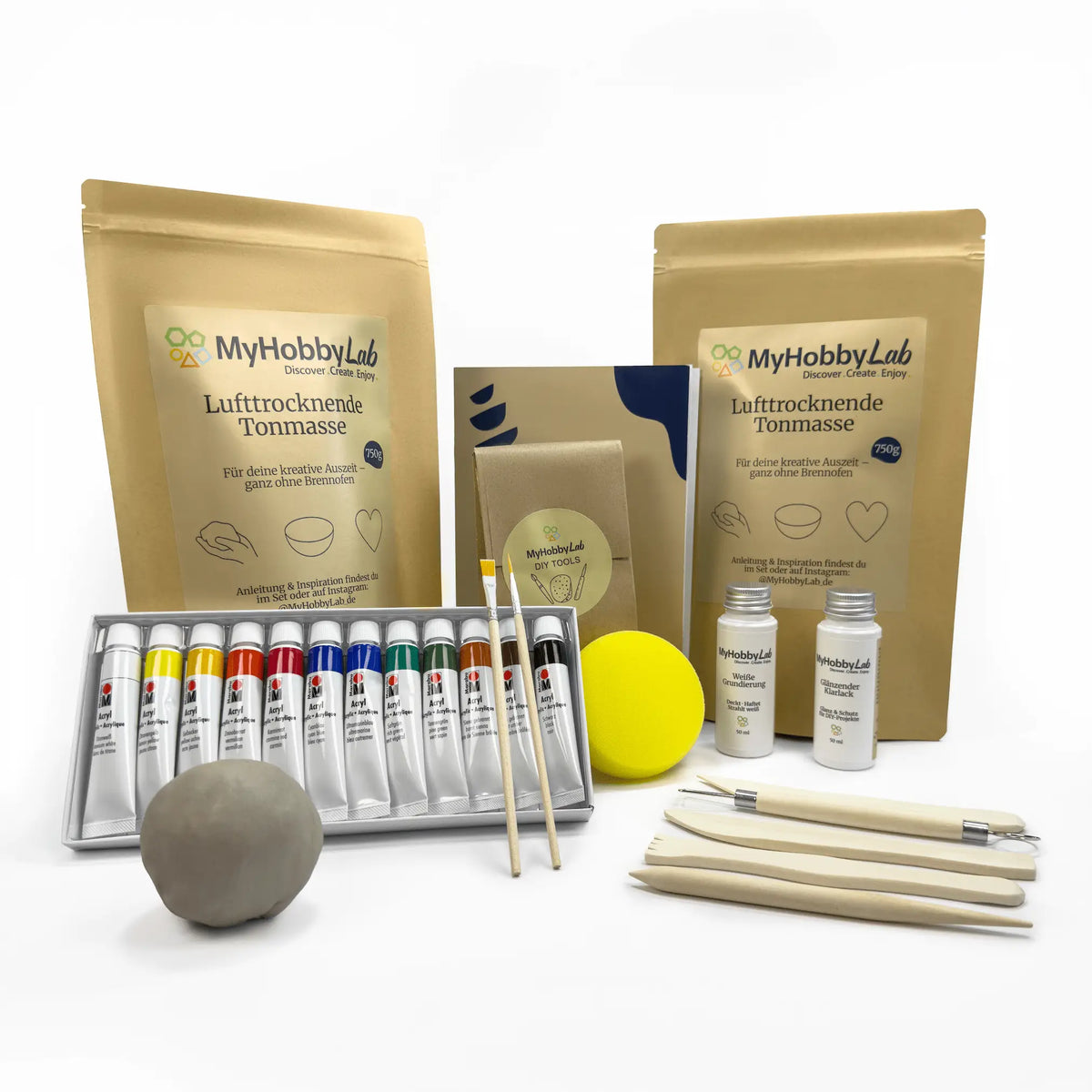 DIY-Töpferset mit klassischen Farben, Ton, Werkzeug, Grundierung und Glanzlack