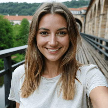 Strahlende junge Frau auf Holzsteg vor historischem Viadukt nach gemeinsamer DIY-Keramik-Session mit Freundin – DIY-Töpferset-Erlebnis im Freien.